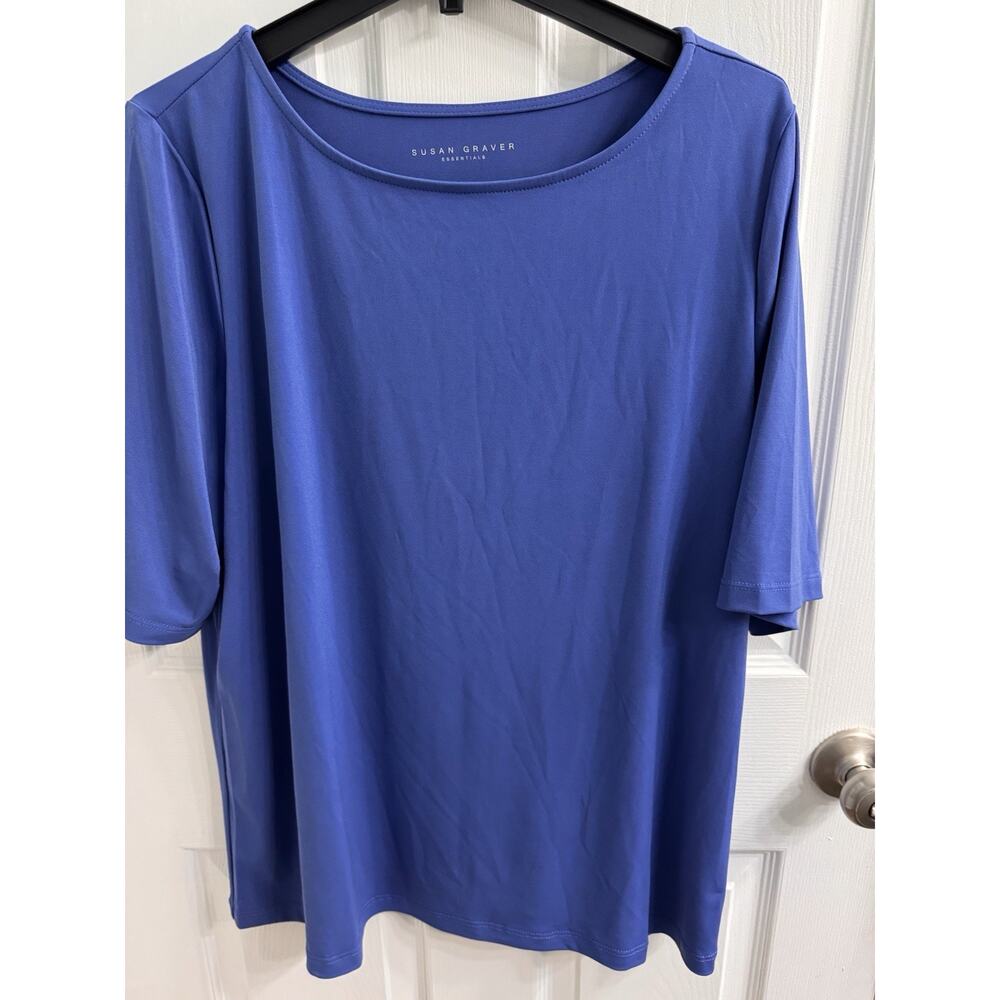 Susan Graver Essentials XL Blue Liquid Knit Short Sleeve Top